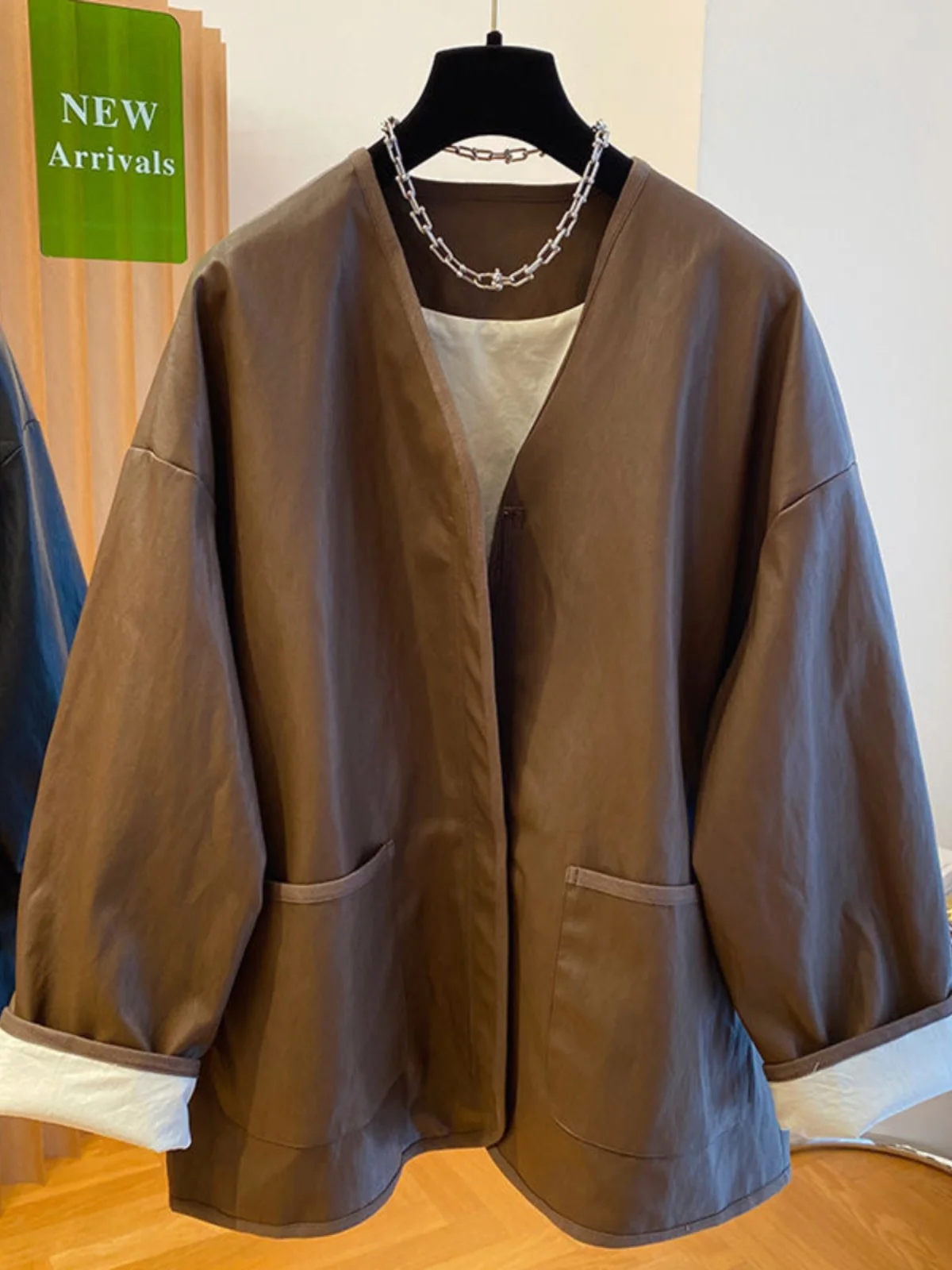 

plus Size Women's Casual Leather Jaet Loose Fit Autumn Faion Outerwear 300 Pou Trendy Commute Sle Long Sve