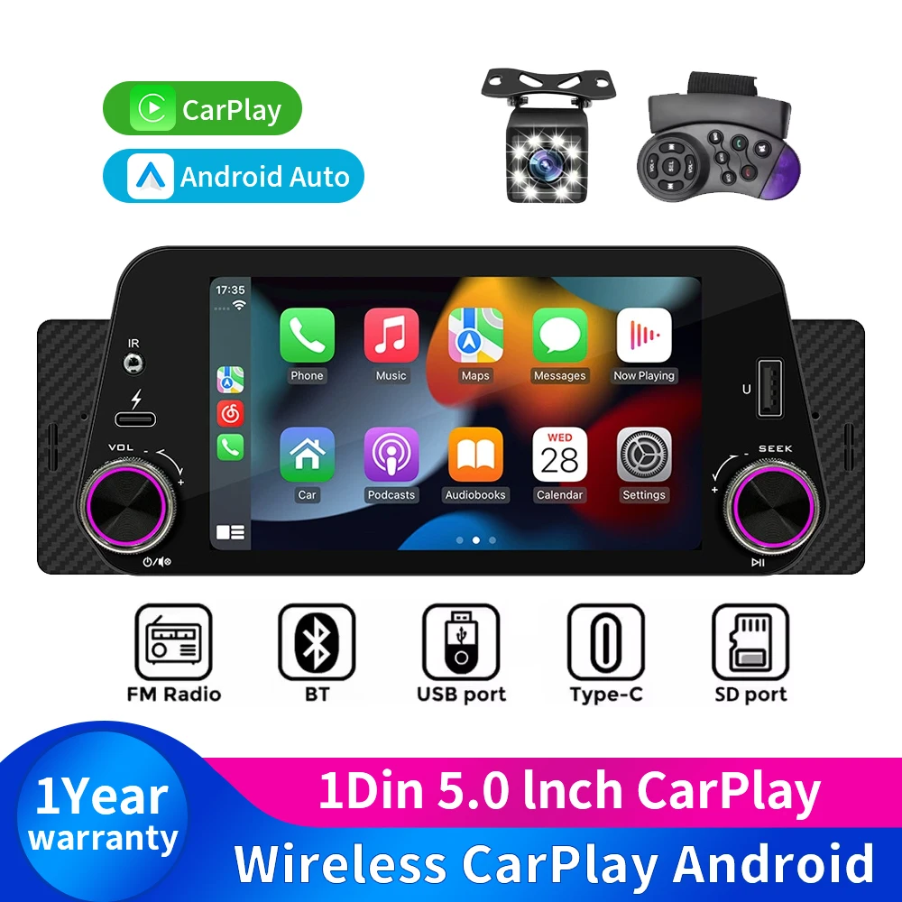 

1Din 5" HD Touch Screen wired wireless Android Auto carplay Car mp5 Player with Mirrorlink BT USB FM car multimedia stereo