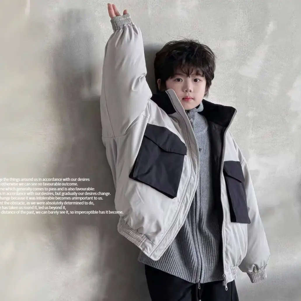 Childrens Cotton Clothes Winter Boys Gray Zipper Bread Packet Jacket Coat Warm Thicken Kids Outerwear Handsome Snow Coat