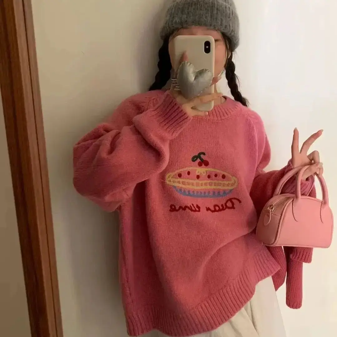 Rose Pink Pullover Cute Embroidered Outer Wear 2024 New Autumn Winter College Style Loose Ins Lazy Style Sweater