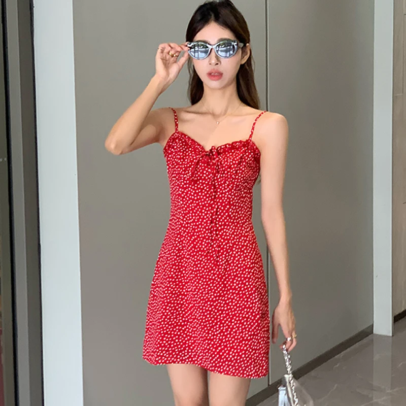 

Women Red Dresses Pritned Sleeveless Summer Holiday Daily Sling Mini Dress