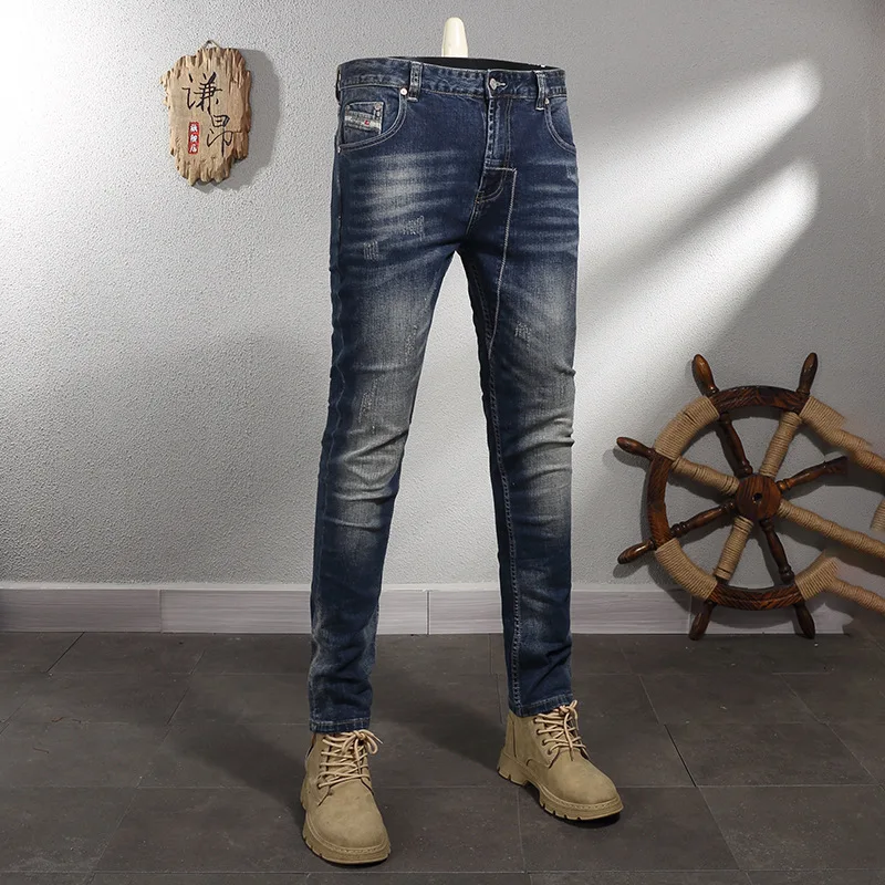 2024 Spring Dark Blue Washed Wear-White Vintage Distressed Stretch Slim-Fitting Small Straight Jeans Men's Korean Style Trendy