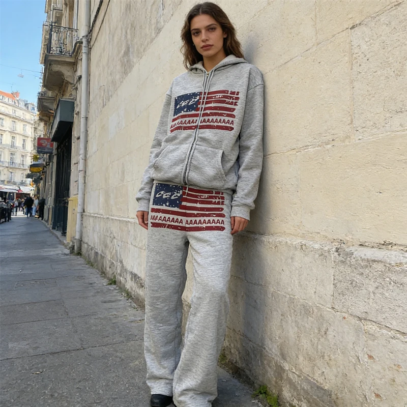 

Print Tracksuit Set Zip-Up Hoodie and Wide Leg Pants Casual Streetwear Y2K Style Outfit Lounge Wear Set