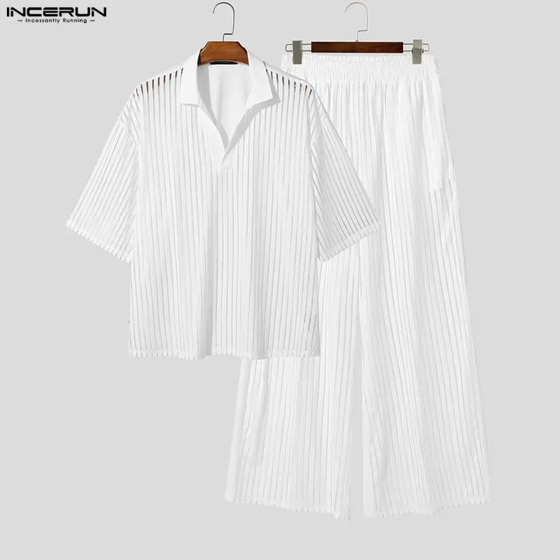 INCERUN Men's Sets Striped Mesh See Through Lapel Short Sleeve Shirt Pants Two Piece Sets Streetwear Fashion Men Matching Sets - view 3