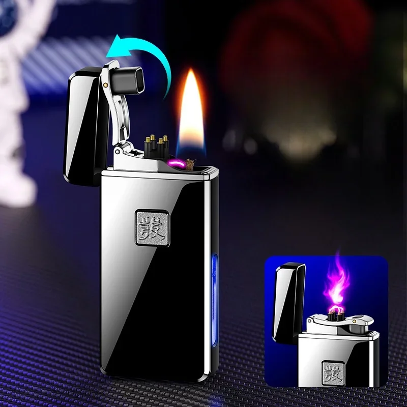 Creative Dual Flame Windproof Dual Arc Electric Lighter Visible Gas Tank One Click Catapult Ignition Open Fire Kerosene Lighters