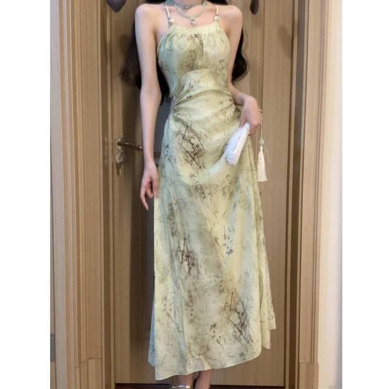 여성 섹시한 홀터넥 백 레스 컷 아웃 셔링 파티 우아한 드레스 여름 중국 스타일 빈티지 프린트 민소매 슬림 드레스 베스 티드