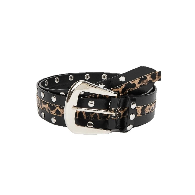 Trendy Rivets Studded Belt with Leopard Print Punk Waist Strap for Adult Teens