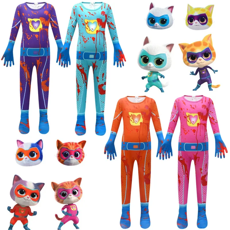 SuperKitties Cosplay Costume Terrifying with Blood Halloween Children Role-playing Super Kitties Jumpsuit and Cute Pajamas Kids