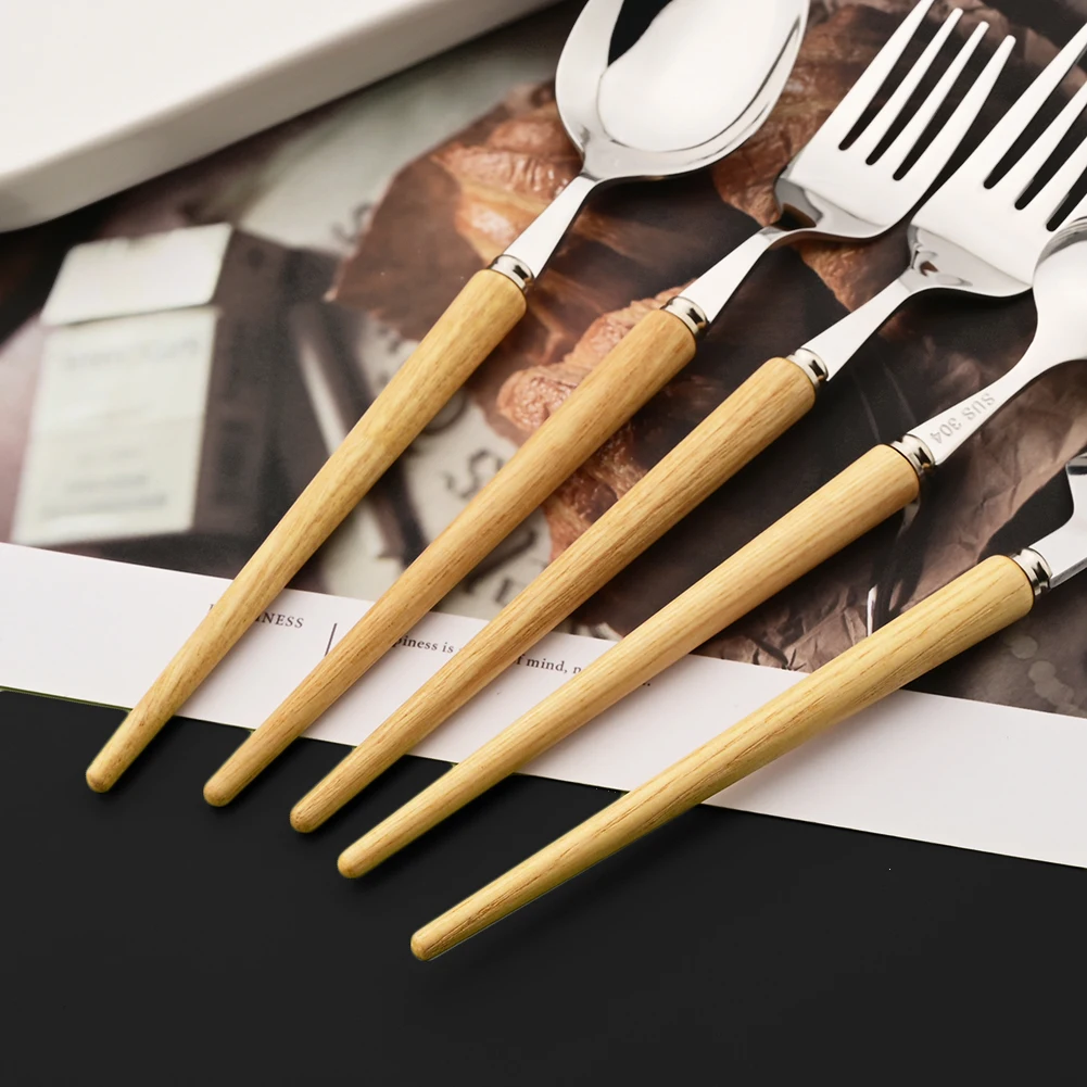 6/24Pcs New Wooden Handle Dinnerware Cutlery Set Stainless Steel Tableware Knife Fork Tea Spoons Silverware Western Flatware