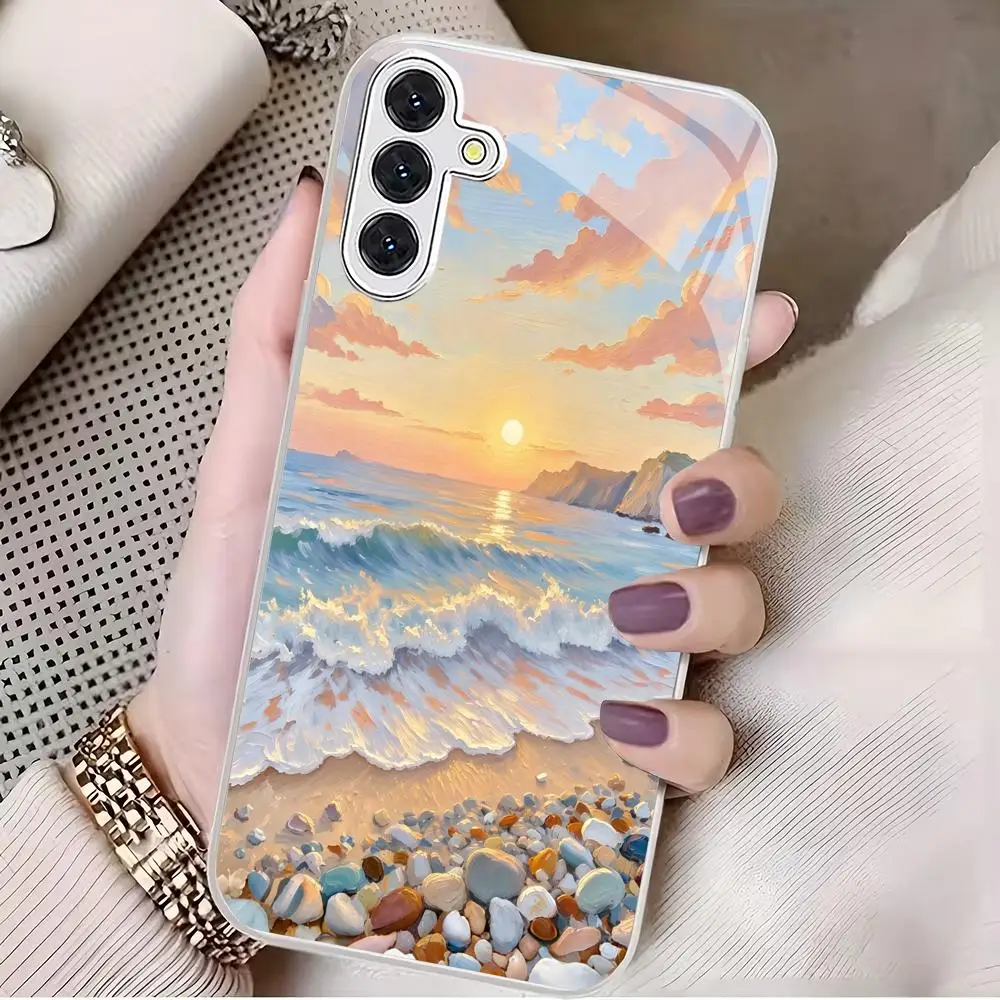 Anime landscape silver plated glass phone case suitable for Samsung Galaxy S26 S25 S24 S22 S21 S20 FE/Ultra/Plus anti drop