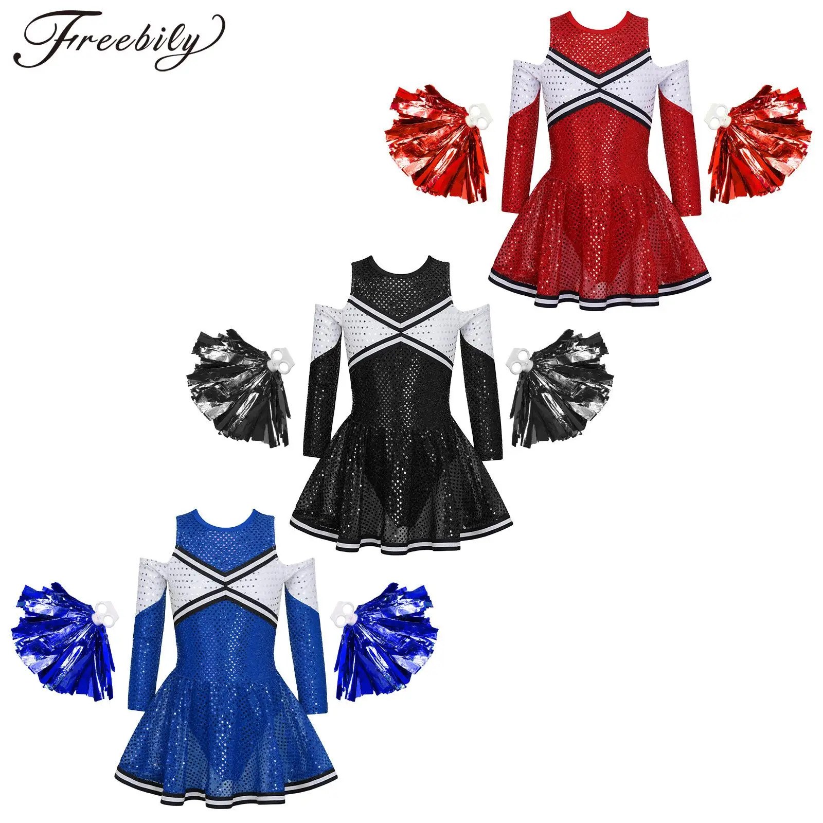 

Kids Girls Sequins Cheer Leader Costume Long Sleeve Off Shoulder Latin Jazz Dance Stage Performance Cheerleading Dress Outfits