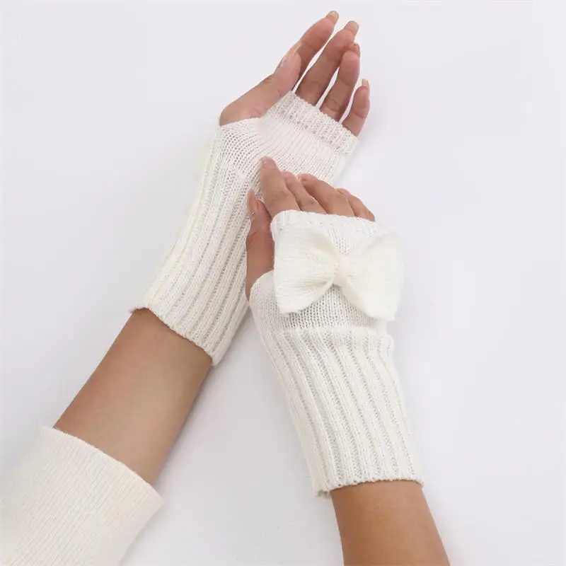 زوج نصف أصابع قفازات النساء القفازات شتاء دافئ Kawaii كم لينة الفتيات الشتاء القوس قفازات محبوكة الملابس والاكسسوارات #4