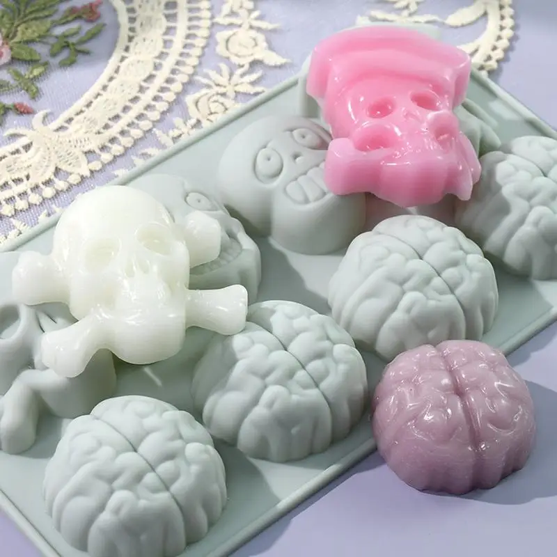 Halloween 8 Skeleton Baking Silicone Mold human brain silicone Baking molds Skull Design Silicone Candy Molds with 8 Grids