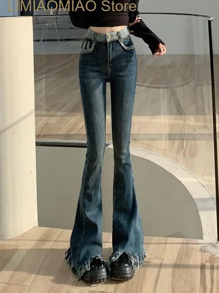 Nieuwe Winter Blauwe Vintage Jeans Vrouwen Hoge Taille Chique Casual Flare Broek Dames Koreaanse Mode Kwastje Designer Denim Broek