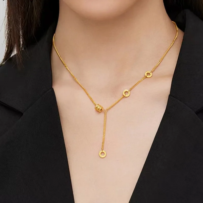 

Necklace for women 9999 24K real gold niche design collarbone chain small waist necklace pendant simple gift for women girl mom