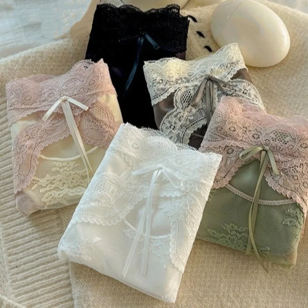 Breathable Mid Waist Lace Satin Panties Sweet Invisible Bow Briefs Mesh Patchwork Underwear for Women Women