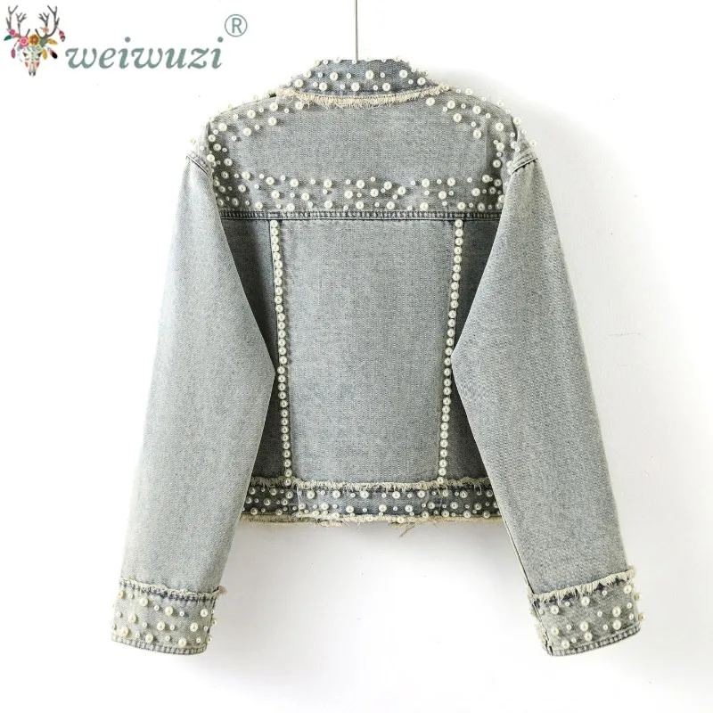 New Women Arrival Vintage Washed Denim Coat Heavy‑Duty Beaded Frayed Raw Edge Trim Lapel Collar Loose Casual Outerwear Jacket