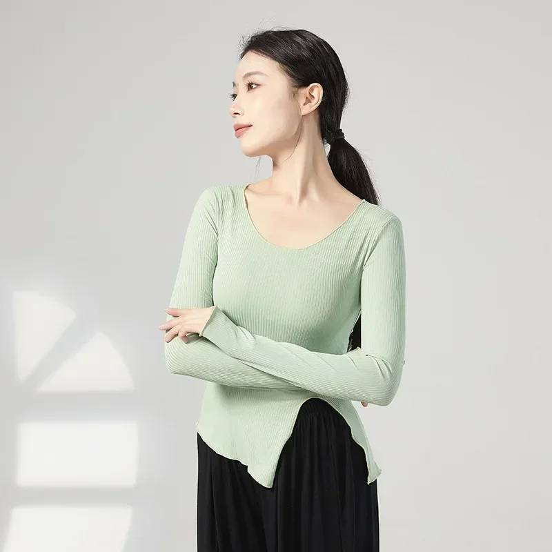 

Современная тренировочная одежда, облегающие танцевальные топы, танцевальная одежда с длинными рукавами на пальцах, классическая одежда с краями гриба