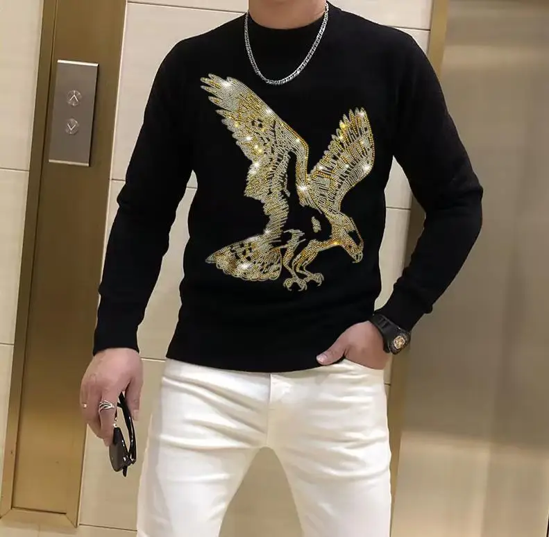 

Borun brand Men's Rhinestone designer sweaters Oversized Hip hop Cotton Rhinestone