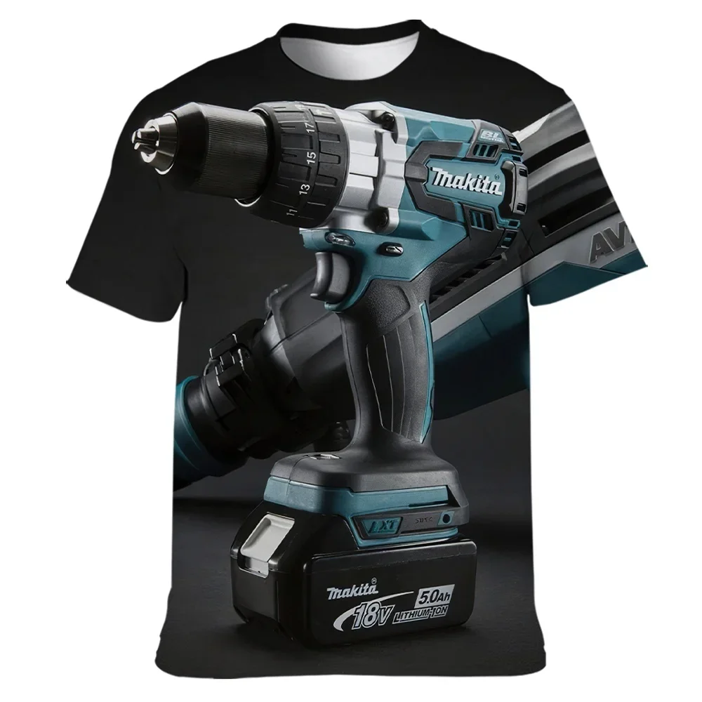 Rechargeable Drill Chainsaw 3D Printing Fun Mens T-shirt Short Sleeve Summer Comfortable Breathable Street Personality Trend Top