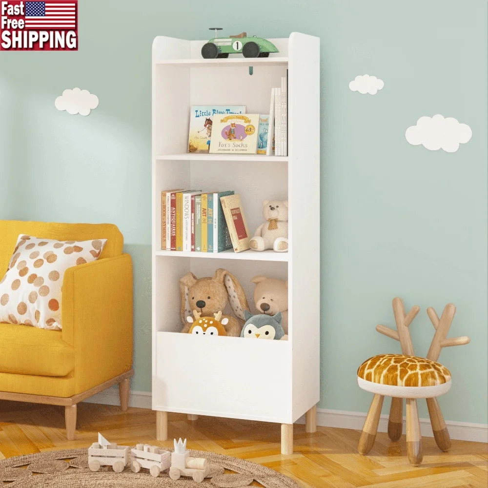

Kids Wooden Bookshelf 4 Tier Storage Organizer with Safety Buckle Modern Design Durable MDF Pine Nursery Playroom