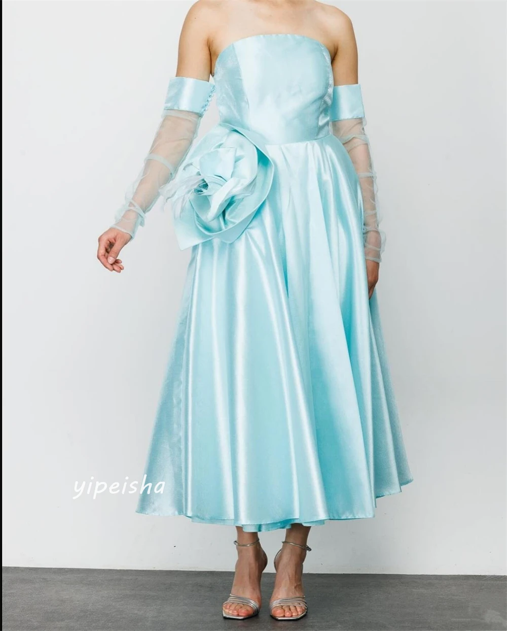 Prom Dress Satin Flower Ruched Celebrity A-line Off-the-shoulder Bespoke Occasion Gown Midi Dresses Evening Saudi Arabia