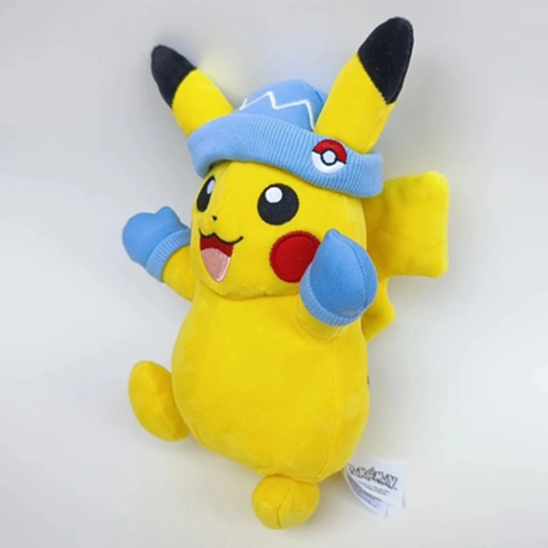 Pokemon plush with winter hat and mittens, 8 inch pikachu plush with unique, multicoloured accessory