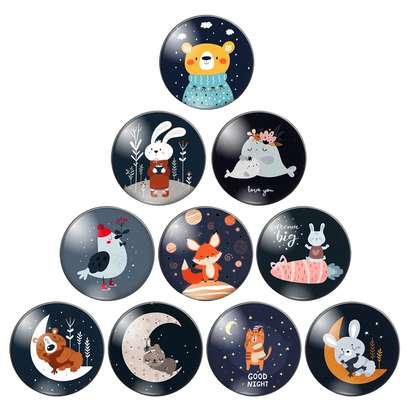 Cartoon moon Bear Rabbit Good night Art Paingtings 8mm/12mm/25mm-40mm Round photo Glass Cabochon demo flat back Making findings