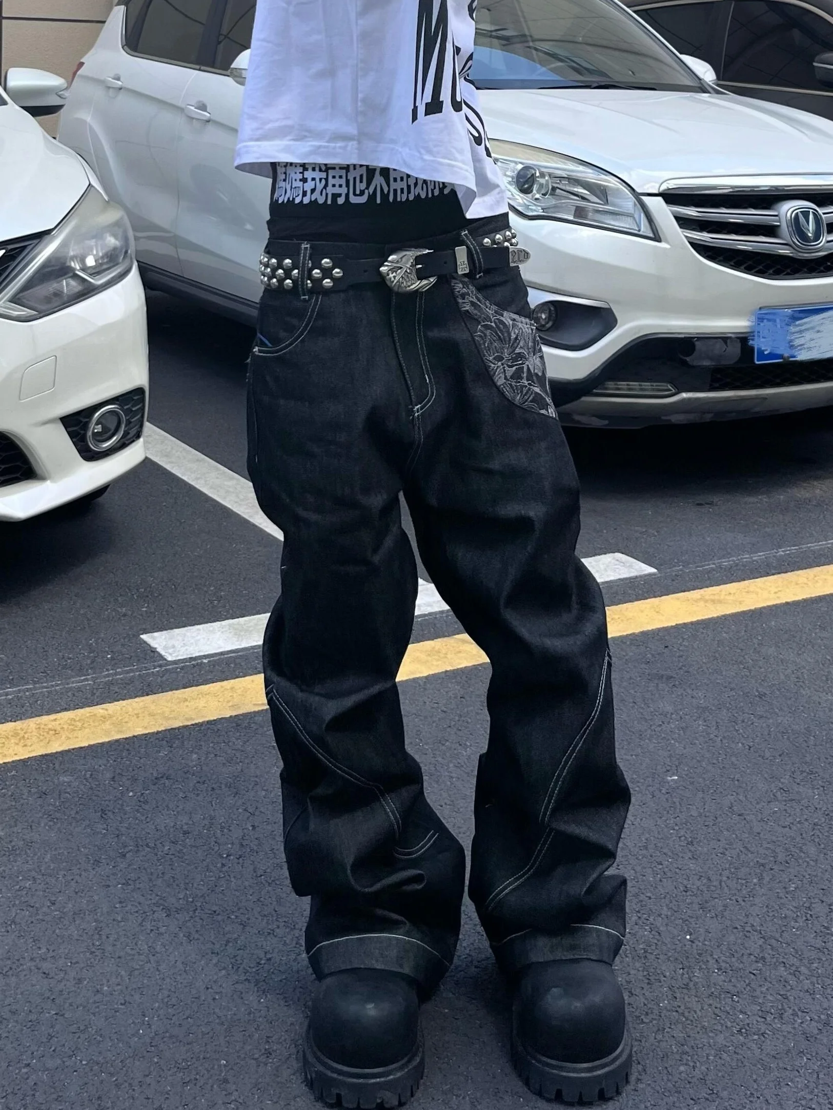 

American Vibe Street Sle Floral Print High Waist Men's Jeans Loose Flared Pants Youthful Trendy Straight Leg Denim Jeans