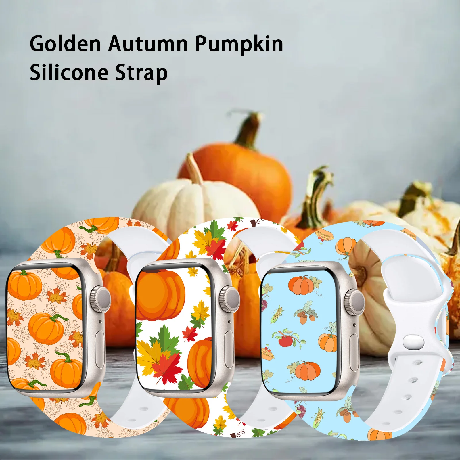 Golden Autumn Pumpkin Silicone Printed Strap for Apple Watch 9 8 7 SE 6 Band Replaceable Bracelet for iWatch 45mm 44mm 42mm 41mm