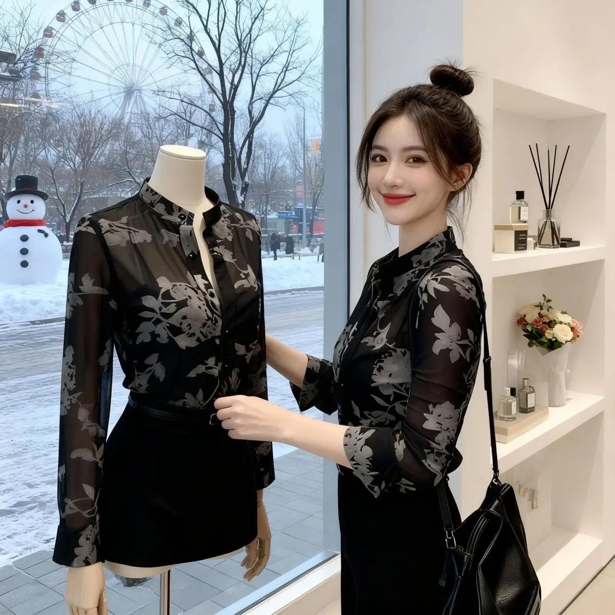 

Bla Lace Thin Long Sve irt Women's New Sle Transparent Spring High Sensation Personali Base Top French Sle Loose...