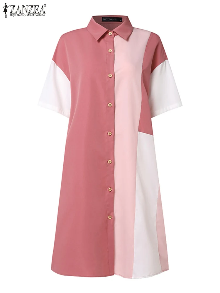 ZANZEA Women Colorblock Dress 2024 Summer Holiday manica corta Robe Casual allentato colletto con risvolto al ginocchio prendisole abito camicia bohémien