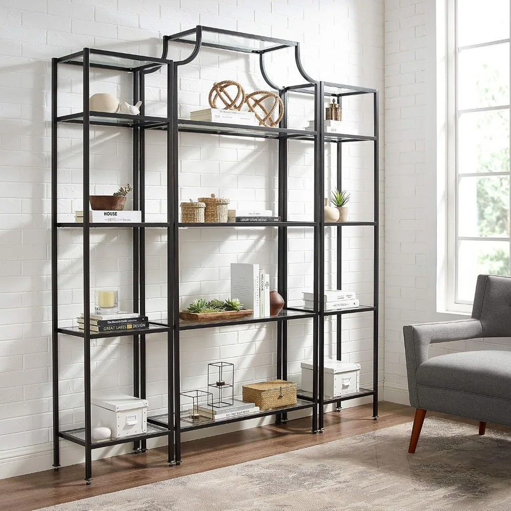 3-Piece Bookshelf Set with Glass Shelves, Bookcase Storage, Oil-Rubbed Bronze