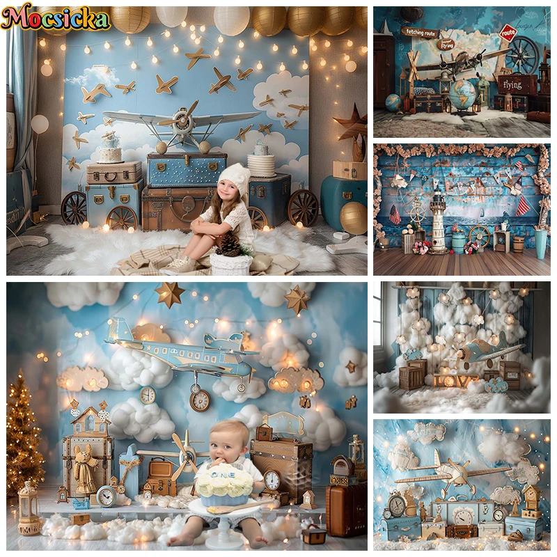 

Aircraft Photography Backdrop Light Blue Wall Balloon Navigation Baby Shower Birthday Background Party Photo Studio Backdrops