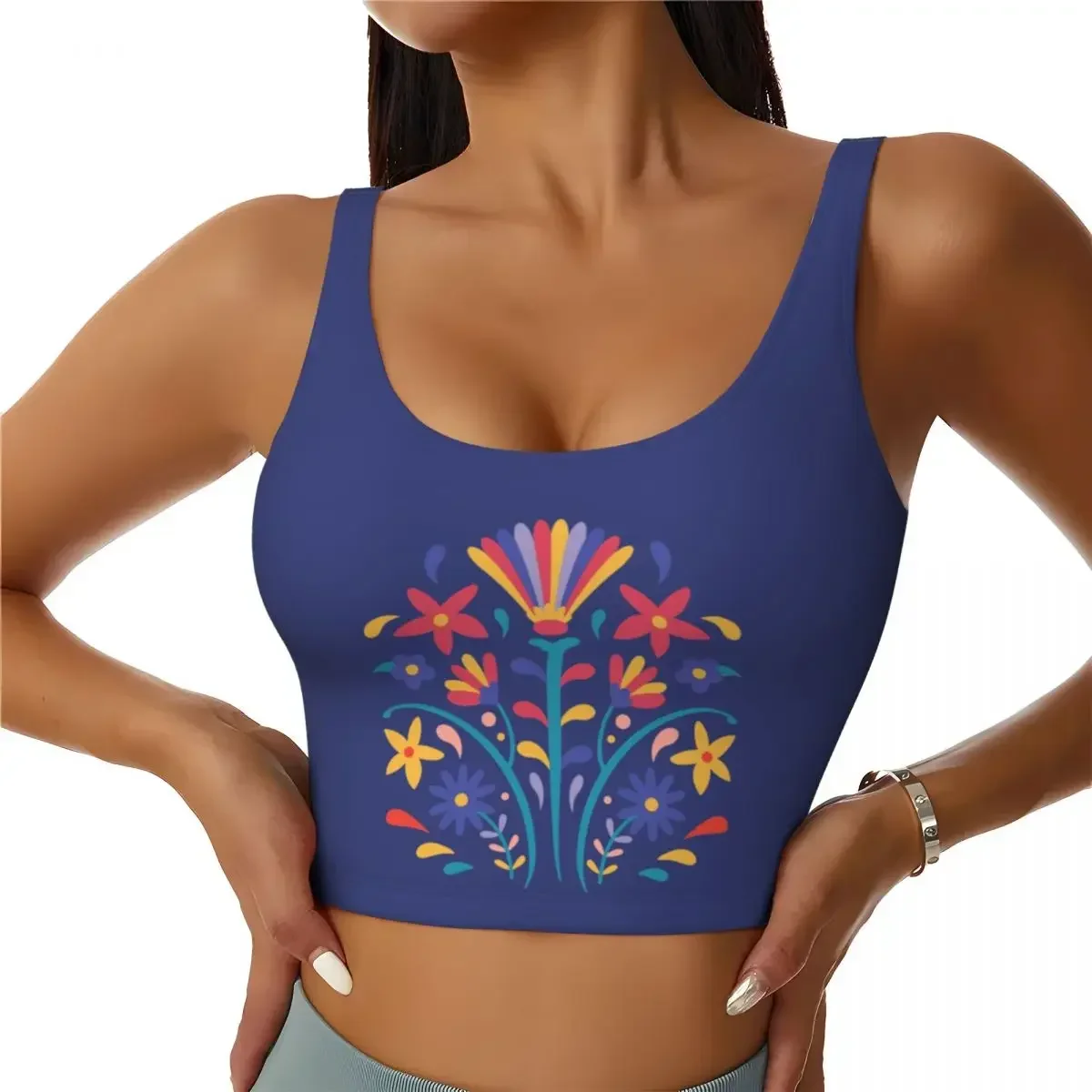 

Custom Mexican Otomi Floral Composition Art High Impact Sports Bras Folk Flowers Pattern Seamless Workout Running Crop Tank Tops