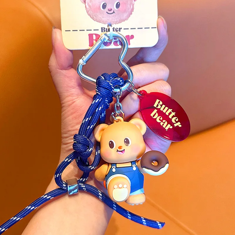 Cute Simulated Butter Bear Keychain Lovely Cupid Donut Bear Doll Pendants Key Ring Decoration Girl Women Kids Birthday Gifts