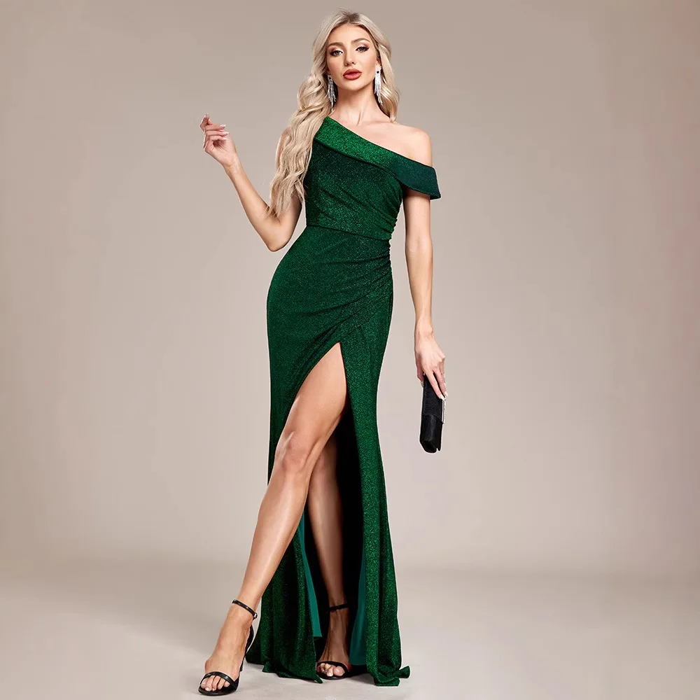 

Modern Mermaid Evening Dress Sequin Slanted Shoulder Cap Sleeve High Split Brush Train Wedding Guest Dress 2025 Free Customized