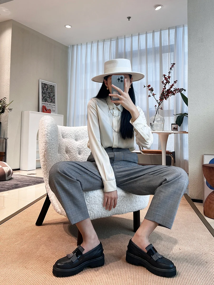 

Ele ey Plaid Wool Pants Slim Fit Casual Trousers for Women Briti Sle Commute Faion Thin Material Long Pants