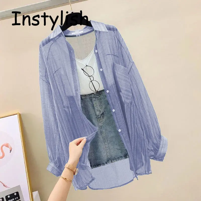 Women Elegant Long Sleeve Perspective Sheer Sunscreen Chiffon Blouse Korean Fashion Loose Shirt Women Summer Beach Cardigans