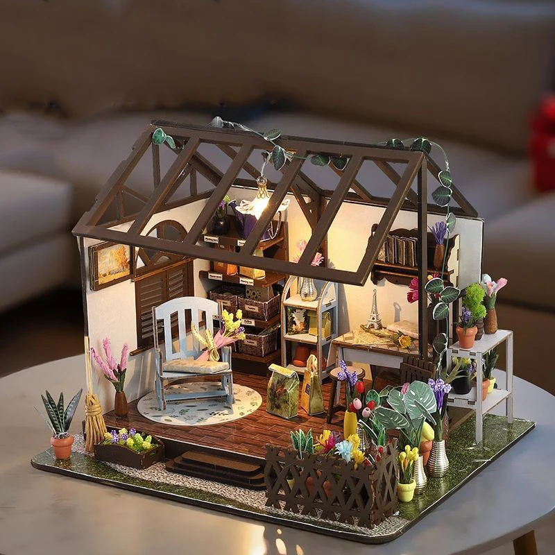 DIY Mini Casa Houten Miniatuur Model Kit Vrije tijd 3D Puzzel Poppenhuizen Met Meubels Poppenhuis voor Vrienden Verjaardagscadeaus