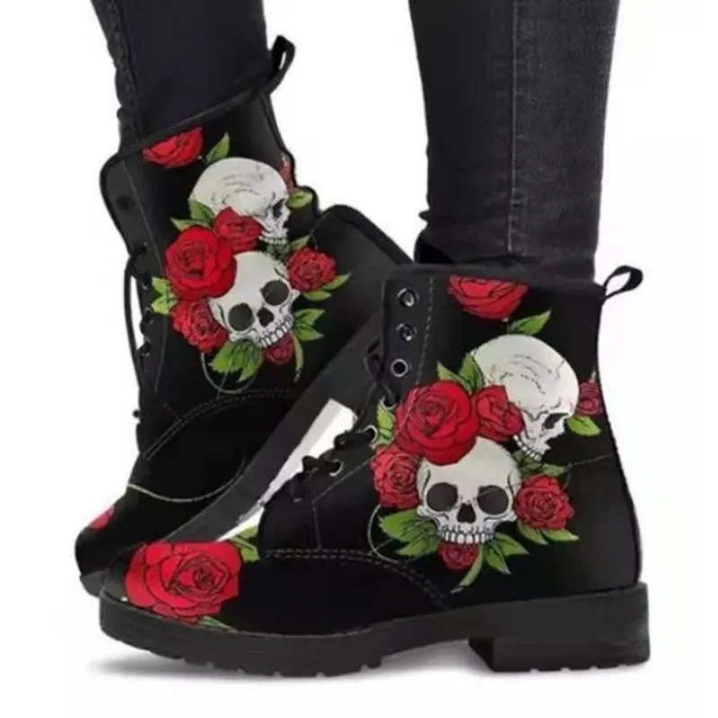 2024 Female Cool Motorcycle Low Heel Fashion Skull Boots Women\'s Lace Up Boots Autumn Winter Short Barrel Boots Europe America