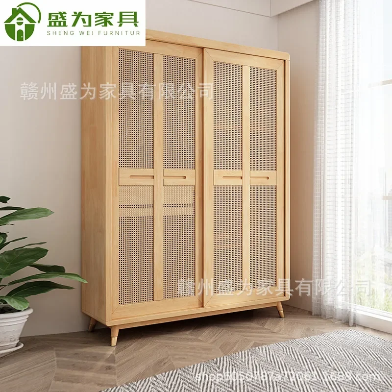 For Wabi Sandy Wind Rattan Sliding Door Cabinet Solid Wood Wardrobe Household Storage Furniture Rental Room Durable
