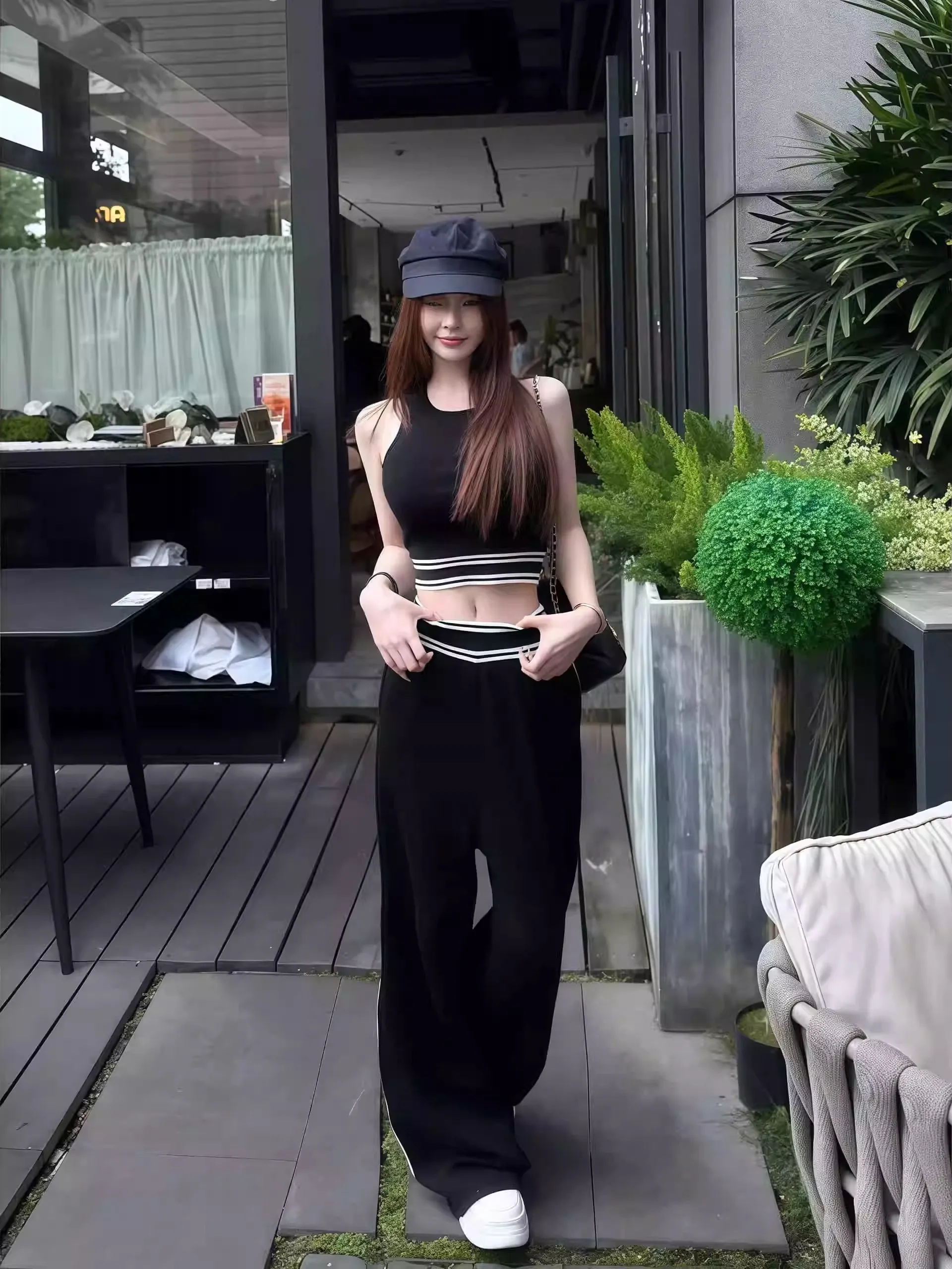

Korean Sle Hot Girl Spor round Ne Svel Vest Women's Summer High Waist Casual Wide Leg Pants Faionable Two-Piece...