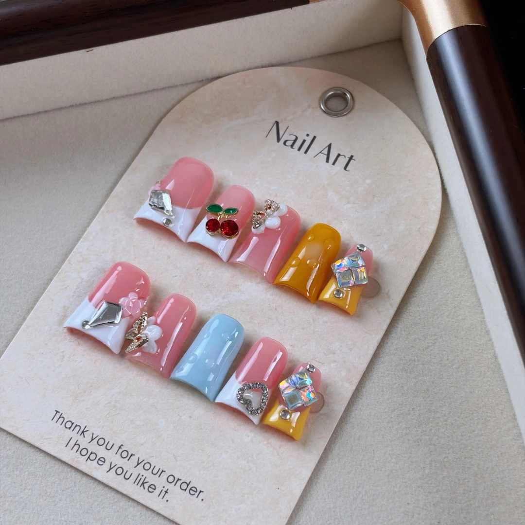 10pcs High-end Cute cartoon style, hand-drawn three-dimensional butterfly, hearts, flashing square diamonds handmade fake nails