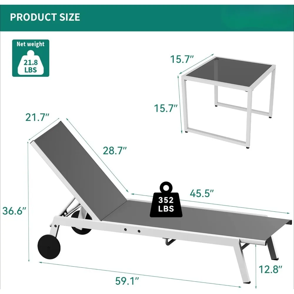 Terrassen liegen 3-teiliges Set, Außen liegen mit Beistell tisch, verstellbare Liegestühle am Pool auf Rädern für den Pools trand