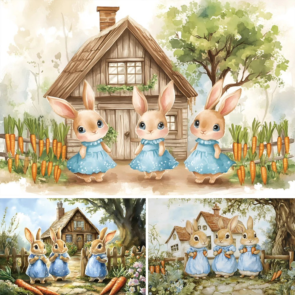 

Happy Easter Bunny Background Spring Easter Rabbit Carrot Wooden House Photography Backdrop Festival Celebration Party Banner