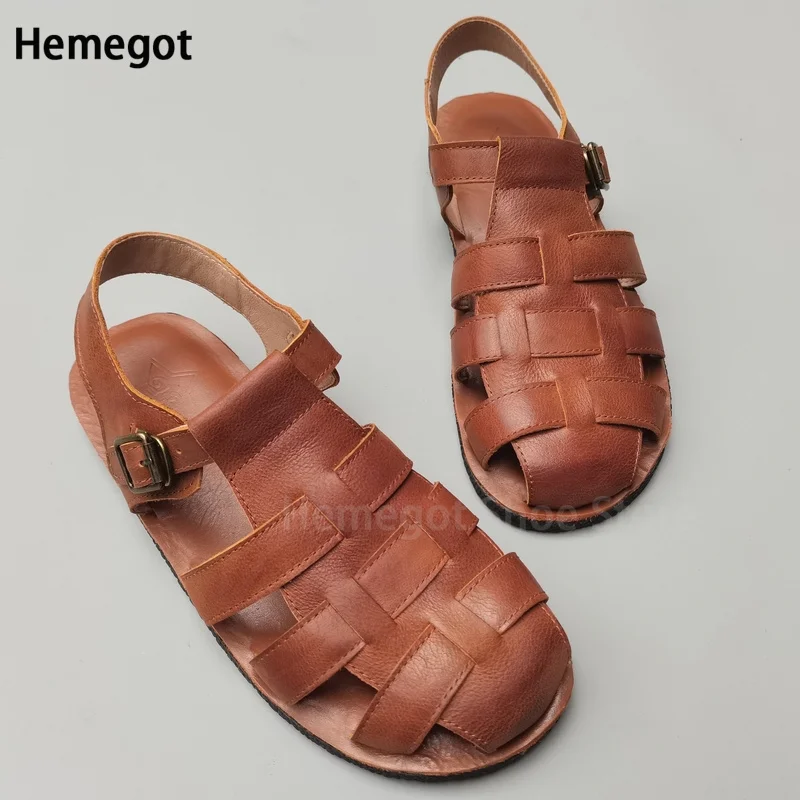 

Genuine Leather Solid Color Men's Sandals Brown Black Hollow Breathable Casual Shoes Leather Flat Soft Sole Sandals Summer