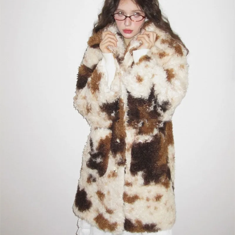 Vintage zachte namaakbont turn-down revers jassen jas 2025 herfst winter dikker warm bont pluizig kleurblok lange pluizige jassen tops