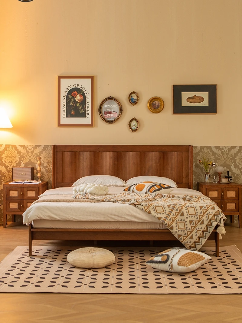 North American black walnut solid wood light luxury French simple master bedroom double vintage cherry wood grille