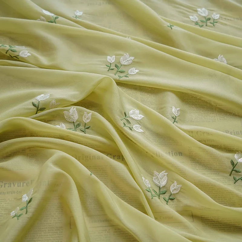 Tulip Flower Embroidered Chiffon Fabric Dress Fabric Romantic Small Strap Wedding Dress Designer Fabric Handmade DIY Cloth